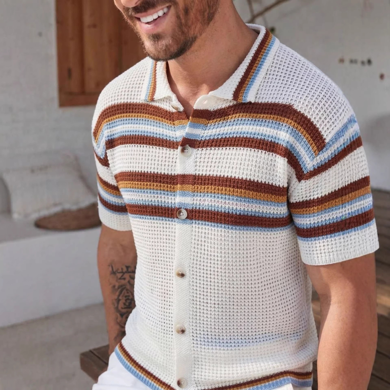 Cardigan polo bărbătesc, cu dungi retro și tricot perforat, mâneci scurte, vară