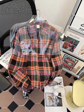 Cămașă bărbați vintage în carouri, stil Hong Kong, mâneci lungi, croială lejeră, pentru primăvară și toamnă.