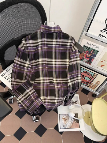 Cămașă bărbați vintage în carouri, stil Hong Kong, mâneci lungi, croială lejeră, pentru primăvară și toamnă.