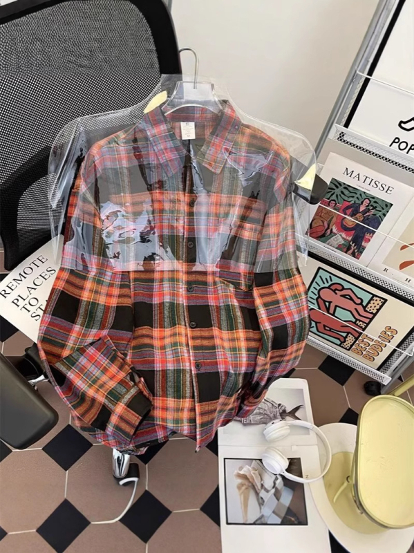 Cămașă bărbați vintage în carouri, stil Hong Kong, mâneci lungi, croială lejeră, pentru primăvară și toamnă.
