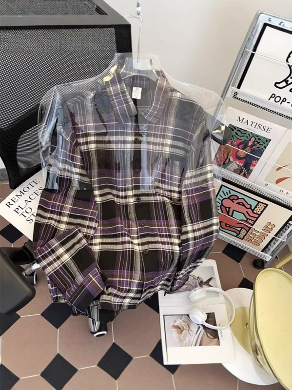 Cămașă bărbați vintage în carouri, stil Hong Kong, mâneci lungi, croială lejeră, pentru primăvară și toamnă.