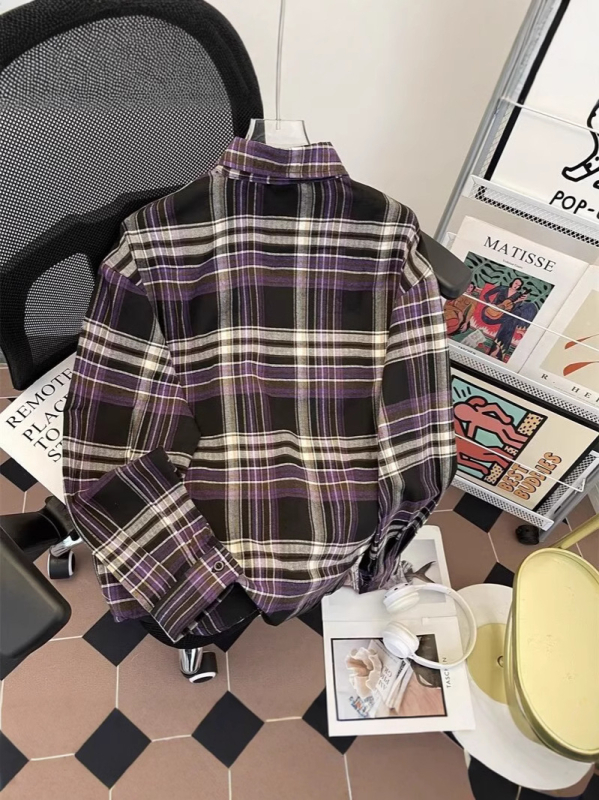 Cămașă bărbați vintage în carouri, stil Hong Kong, mâneci lungi, croială lejeră, pentru primăvară și toamnă.
