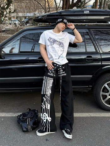 Pantaloni trening din bumbac pentru bărbați - imprimeu de litere, croială dreaptă, stil hip-hop casual, șnur