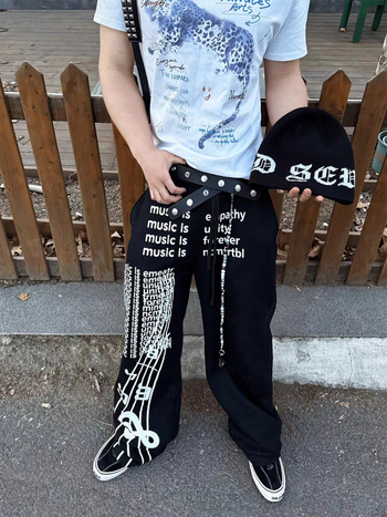 Pantaloni trening din bumbac pentru bărbați - imprimeu de litere, croială dreaptă, stil hip-hop casual, șnur