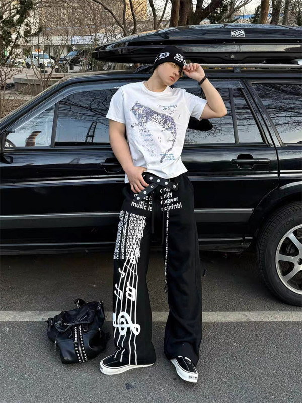 Pantaloni trening din bumbac pentru bărbați - imprimeu de litere, croială dreaptă, stil hip-hop casual, șnur