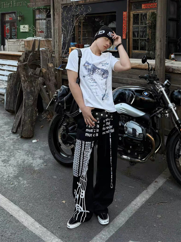 Pantaloni trening din bumbac pentru bărbați - imprimeu de litere, croială dreaptă, stil hip-hop casual, șnur