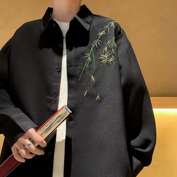 Cămașă de bărbați cu mâneci lungi, stil chinezesc, model floral, croială liberă — primăvară/toamnă 2024