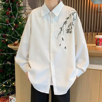 Cămașă de bărbați cu mâneci lungi, stil chinezesc, model floral, croială liberă — primăvară/toamnă 2024