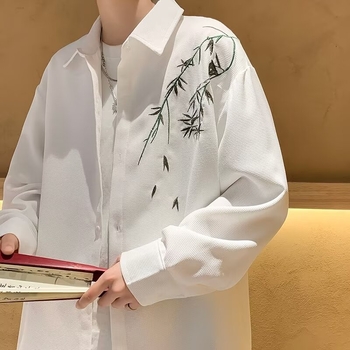 Cămașă de bărbați cu mâneci lungi, stil chinezesc, model floral, croială liberă — primăvară/toamnă 2024