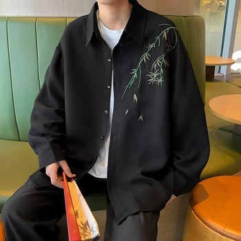Cămașă de bărbați cu mâneci lungi, stil chinezesc, model floral, croială liberă — primăvară/toamnă 2024
