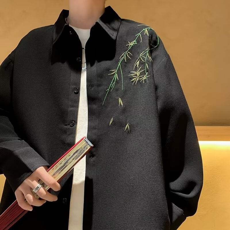 Cămașă de bărbați cu mâneci lungi, stil chinezesc, model floral, croială liberă — primăvară/toamnă 2024