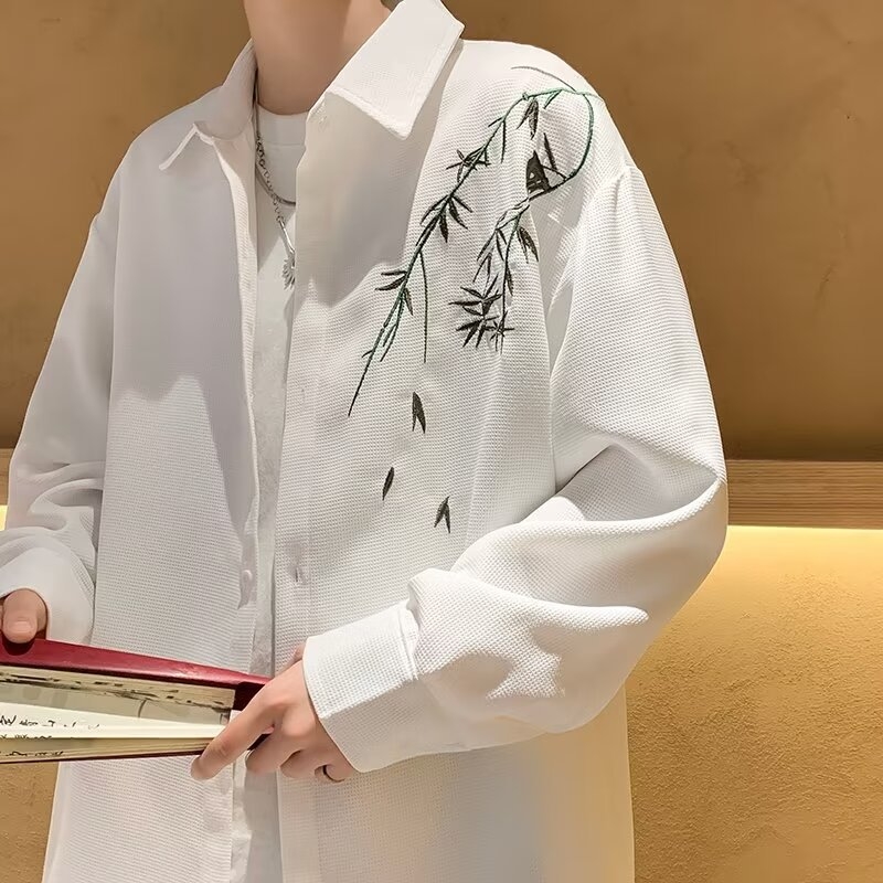 Cămașă de bărbați cu mâneci lungi, stil chinezesc, model floral, croială liberă — primăvară/toamnă 2024