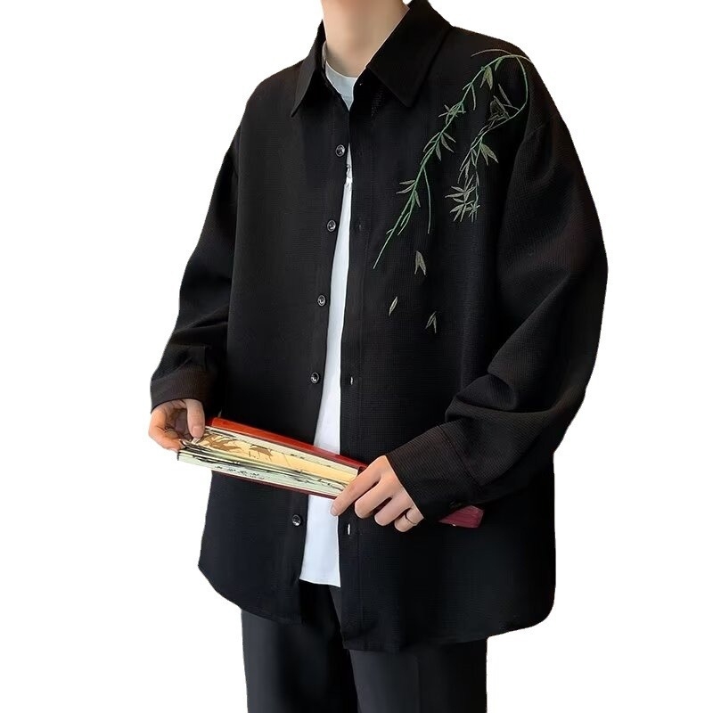 Cămașă de bărbați cu mâneci lungi, stil chinezesc, model floral, croială liberă — primăvară/toamnă 2024