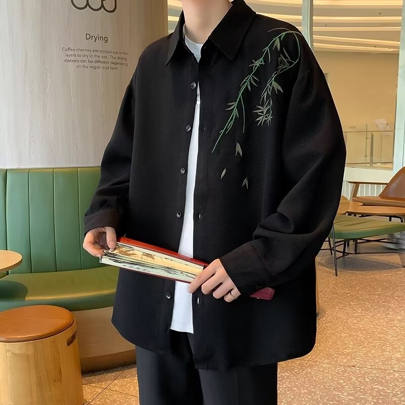 Cămașă de bărbați cu mâneci lungi, stil chinezesc, model floral, croială liberă — primăvară/toamnă 2024