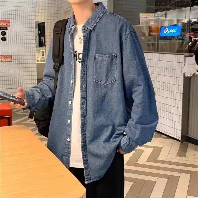 Cămașă denim cu mâneci lungi pentru bărbați, croială lejeră, buzunar, stil vintage, primăvară-toamnă 2026