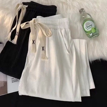 Pantaloni pentru adolescenți din ice silk, drapați, ușori, vară, croială dreaptă și largă, casual sport