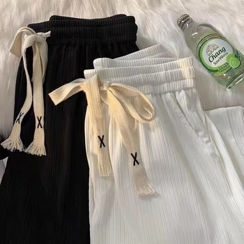 Pantaloni pentru adolescenți din ice silk, drapați, ușori, vară, croială dreaptă și largă, casual sport