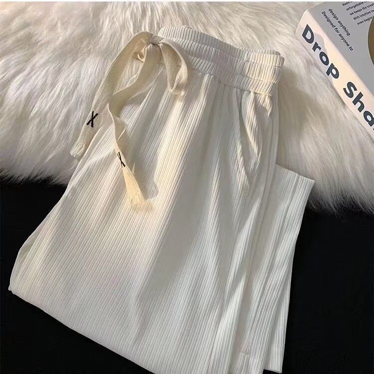 Pantaloni pentru adolescenți din ice silk, drapați, ușori, vară, croială dreaptă și largă, casual sport
