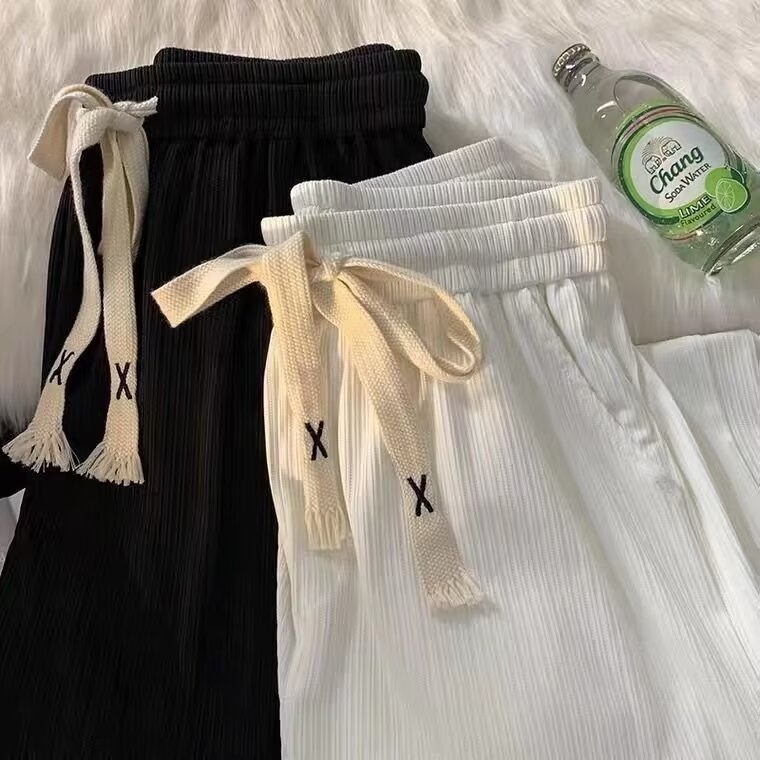 Pantaloni pentru adolescenți din ice silk, drapați, ușori, vară, croială dreaptă și largă, casual sport