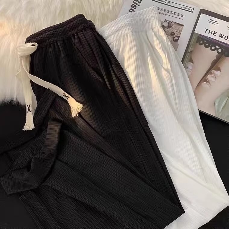 Pantaloni pentru adolescenți din ice silk, drapați, ușori, vară, croială dreaptă și largă, casual sport