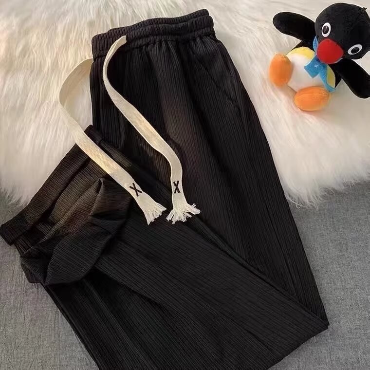 Pantaloni pentru adolescenți din ice silk, drapați, ușori, vară, croială dreaptă și largă, casual sport