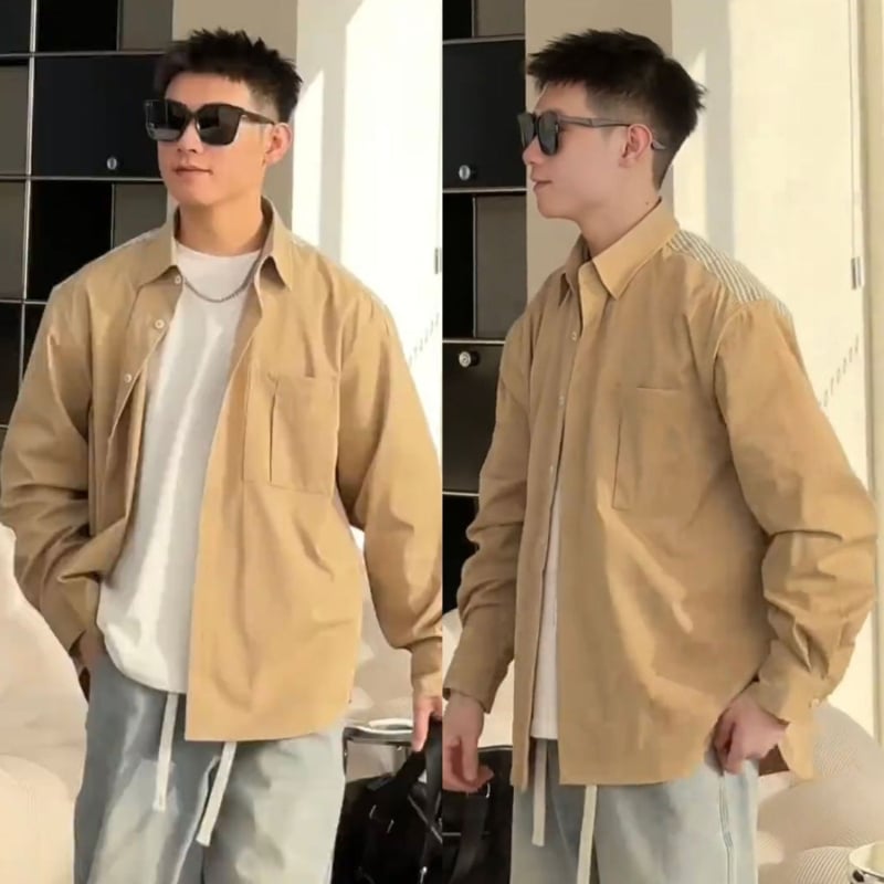 Cămașă bărbătească de toamnă în stil coreean, cu aer artistic, guler rever, panouri colorate, croială lejeră și confortabilă