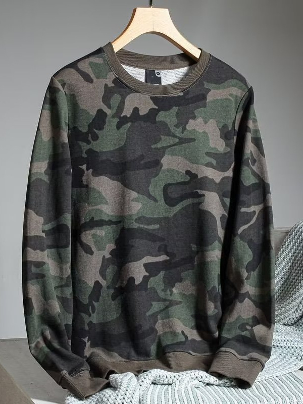 2025 Primăvară imprimat camuflaj, croială lejeră, pulover casual cu mâneci lungi, guler rotund, pentru bărbați