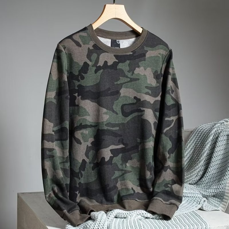 2025 Primăvară imprimat camuflaj, croială lejeră, pulover casual cu mâneci lungi, guler rotund, pentru bărbați