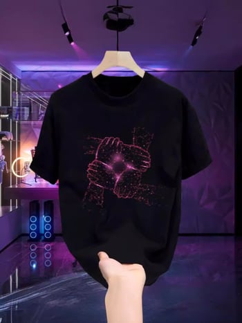 Tricou din bumbac premium pentru bărbați, mâneci scurte, guler rotund, croială lejeră, imprimeu cu desen animat