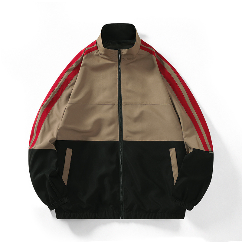 Geacă pentru bărbați de primăvară, cu guler înălțat, kaki, bloc de culoare, stil sport casual