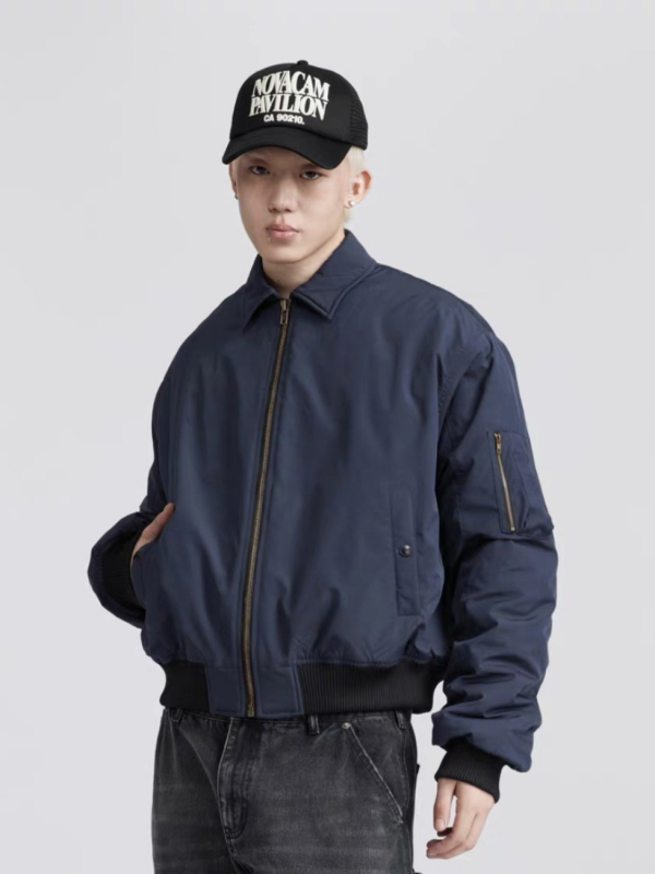 Geacă bomber retro stil american cu rever, croială largă, lungime scurtă, pentru primăvară-toamnă