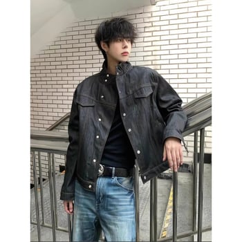 Geacă din denim negru crud cu guler înalt pentru bărbați, primăvară-toamnă, croială lejeră, stil workwear