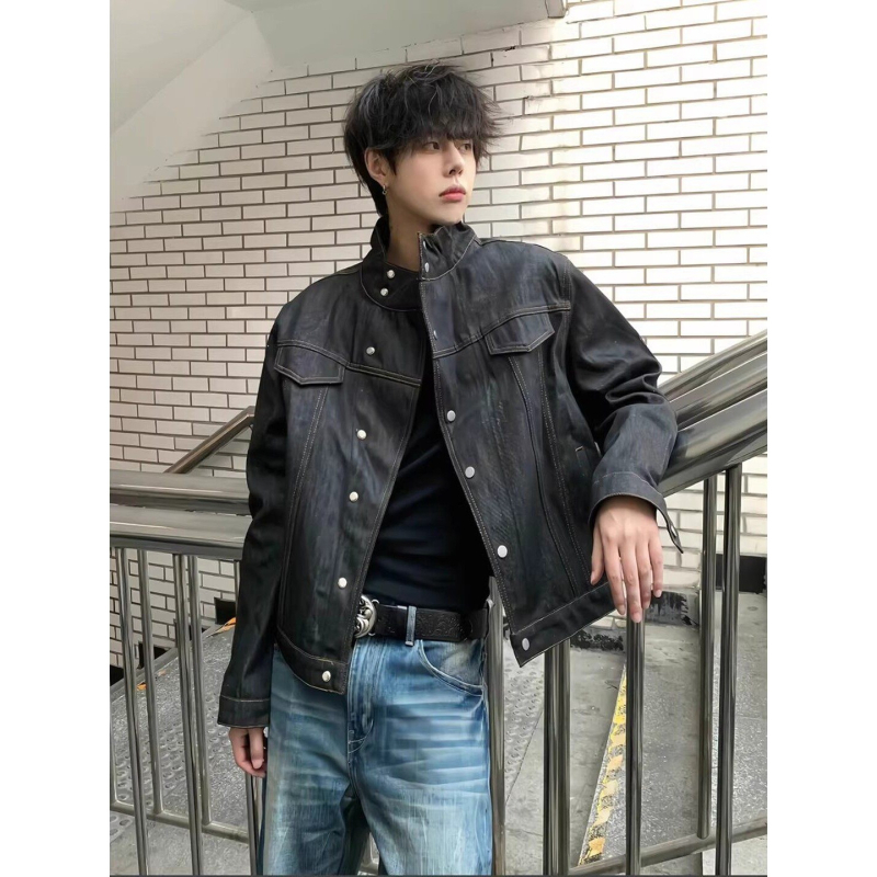 Geacă din denim negru crud cu guler înalt pentru bărbați, primăvară-toamnă, croială lejeră, stil workwear