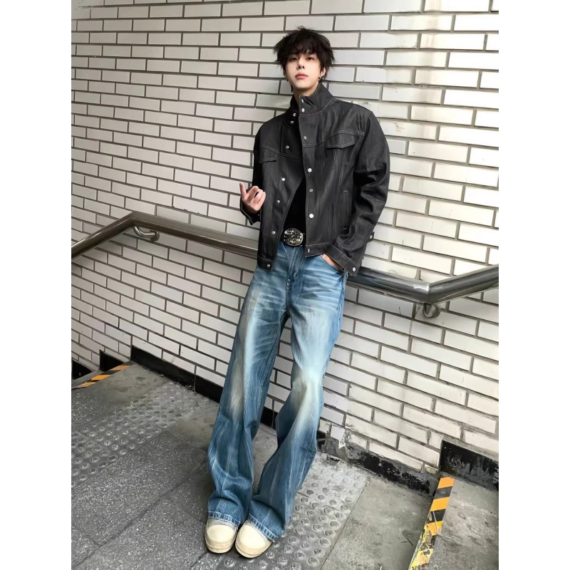 Geacă din denim negru crud cu guler înalt pentru bărbați, primăvară-toamnă, croială lejeră, stil workwear