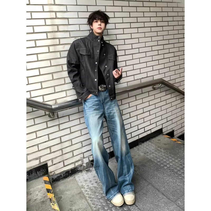 Geacă din denim negru crud cu guler înalt pentru bărbați, primăvară-toamnă, croială lejeră, stil workwear