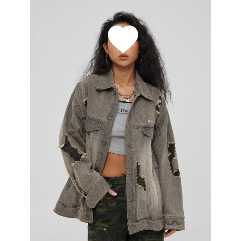 Geacă denim american retro pentru bărbați, toamna 2025, croială lejeră, spălată, uzată cu găuri, top în stil cardigan