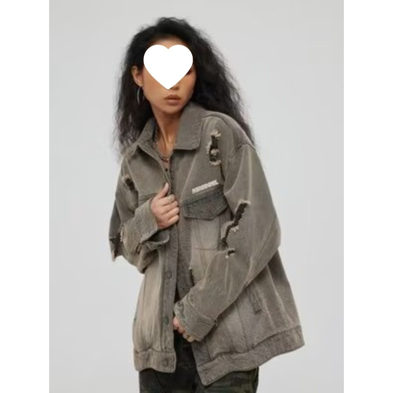 Geacă denim american retro pentru bărbați, toamna 2025, croială lejeră, spălată, uzată cu găuri, top în stil cardigan
