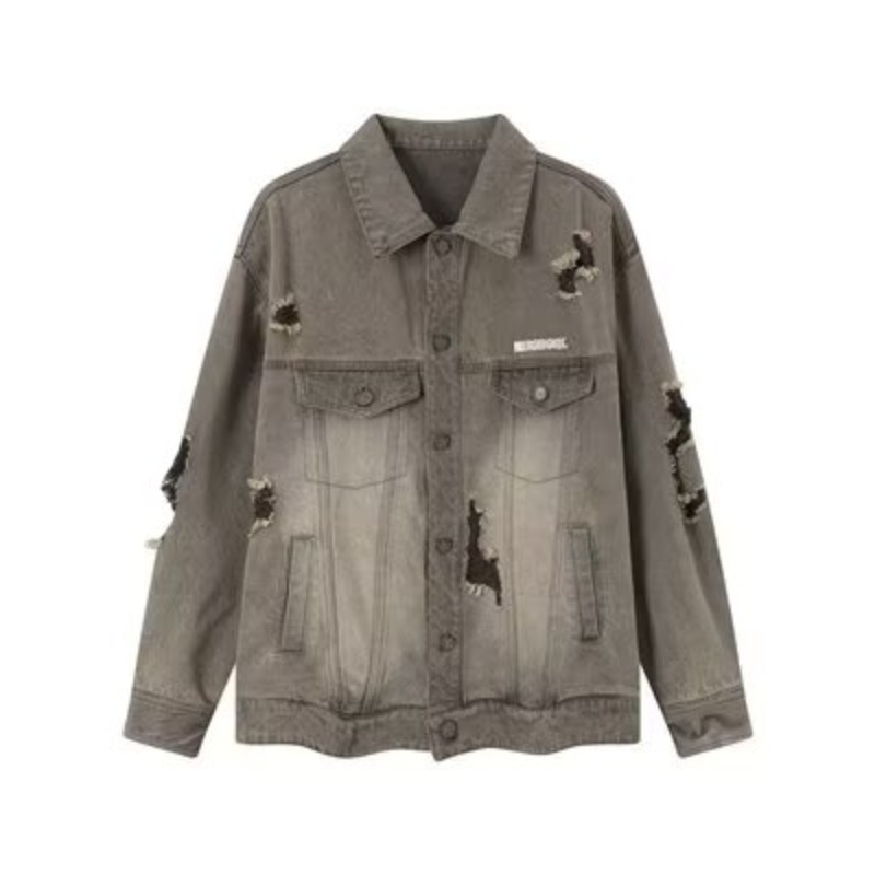 Geacă denim american retro pentru bărbați, toamna 2025, croială lejeră, spălată, uzată cu găuri, top în stil cardigan