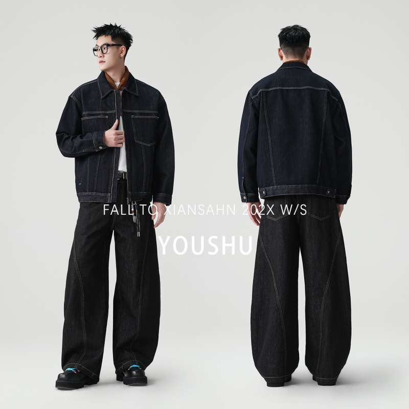Jachetă din denim pentru bărbați, stil american retro, îmbrăcăminte de lucru, model primăvara 2026, cusături în contrast, fermoar, marcă la modă