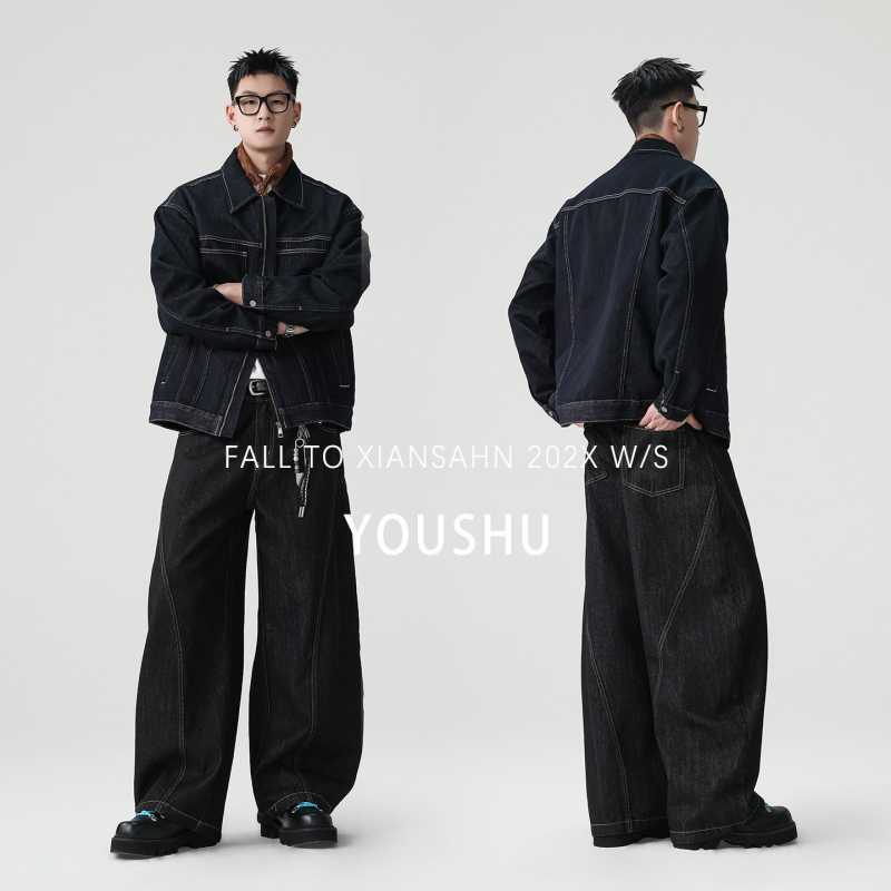 Jachetă din denim pentru bărbați, stil american retro, îmbrăcăminte de lucru, model primăvara 2026, cusături în contrast, fermoar, marcă la modă