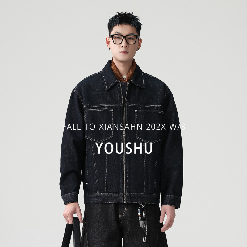 Jachetă din denim pentru bărbați, stil american retro, îmbrăcăminte de lucru, model primăvara 2026, cusături în contrast, fermoar, marcă la modă