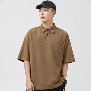 Polo pentru bărbați cu mânecă scurtă, stil japonez, culoare solidă, buzunar, vară, croială lejeră, guler polo, casual
