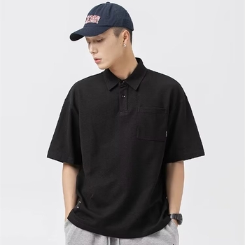 Polo pentru bărbați cu mânecă scurtă, stil japonez, culoare solidă, buzunar, vară, croială lejeră, guler polo, casual