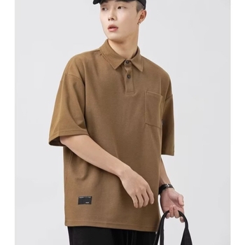 Polo pentru bărbați cu mânecă scurtă, stil japonez, culoare solidă, buzunar, vară, croială lejeră, guler polo, casual