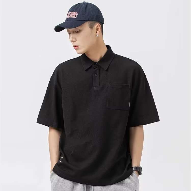 Polo pentru bărbați cu mânecă scurtă, stil japonez, culoare solidă, buzunar, vară, croială lejeră, guler polo, casual