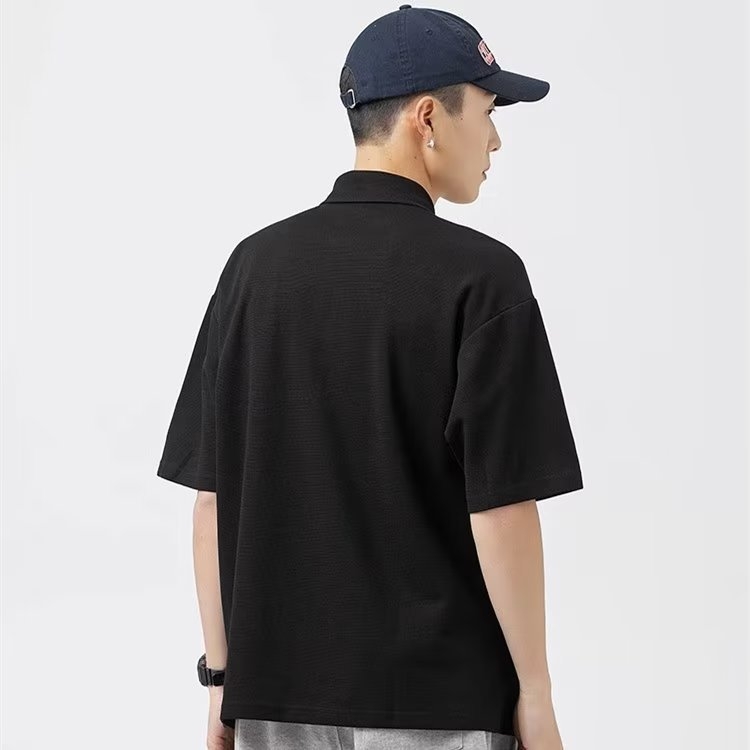 Polo pentru bărbați cu mânecă scurtă, stil japonez, culoare solidă, buzunar, vară, croială lejeră, guler polo, casual