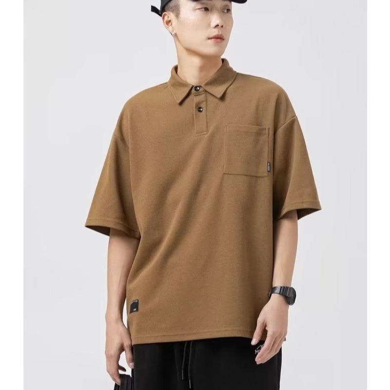 Polo pentru bărbați cu mânecă scurtă, stil japonez, culoare solidă, buzunar, vară, croială lejeră, guler polo, casual