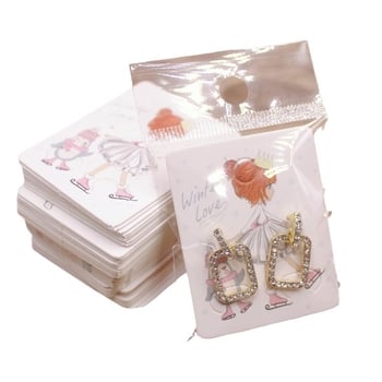 Card de ambalaj pentru cercei, alb, 5x4 cm, imprimare color, bijuterii lucrate manual