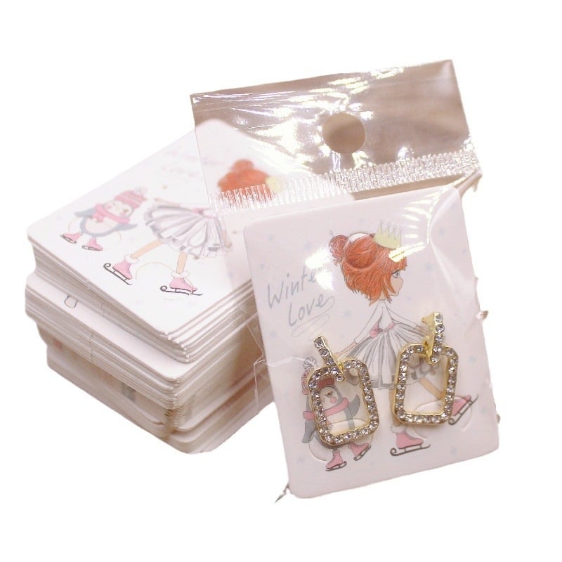 Card de ambalaj pentru cercei, alb, 5x4 cm, imprimare color, bijuterii lucrate manual