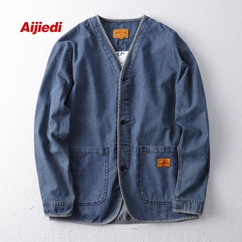 Jachetă denim lavată pentru bărbați, fără guler, croială liberă, stil japonez retro, din bumbac
